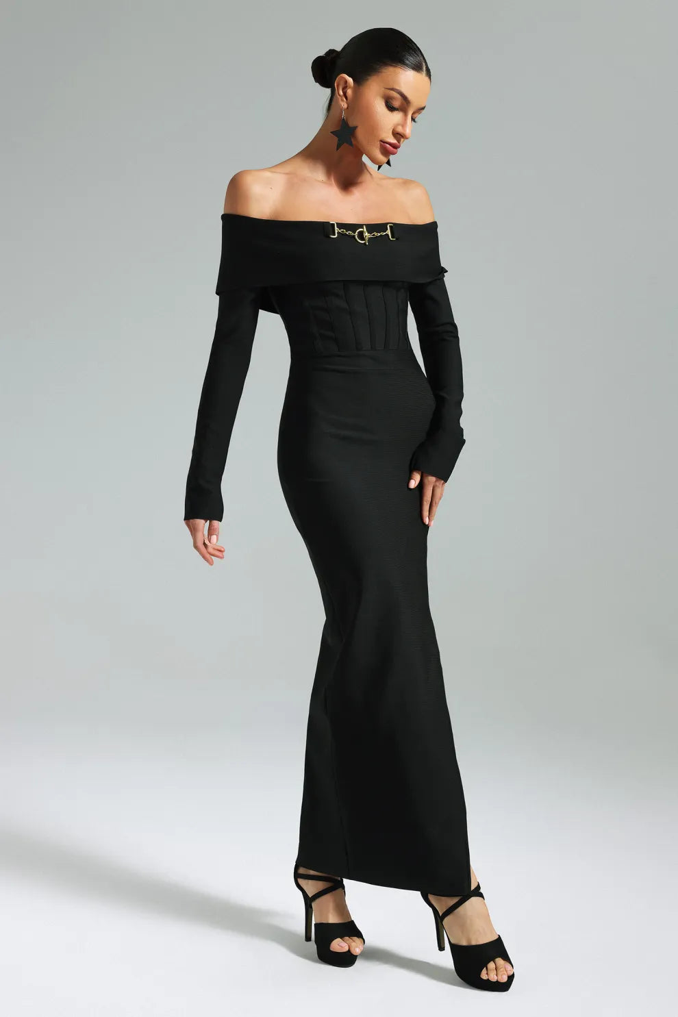 Off The Shoulder Black Maxi Slit Dress Mara Blak Off The Shoulder Black Maxi Slit Dress Mara Blak