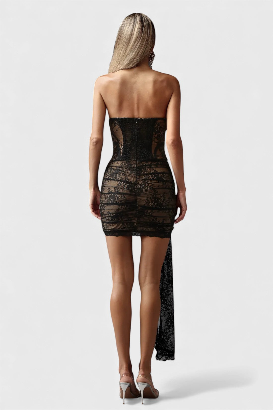 Margaux Strapless Black Lace Corset Ruched Mini Dress Mara Blak Margaux Strapless Black Lace Corset Ruched Mini Dress Mara Blak