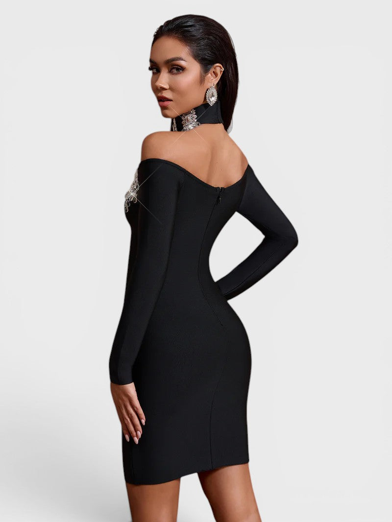 Marlowe Long Sleeve Crystal Bandage Choker Mini Dress Mara Blak Marlowe Long Sleeve Crystal Bandage Choker Mini Dress Mara Blak