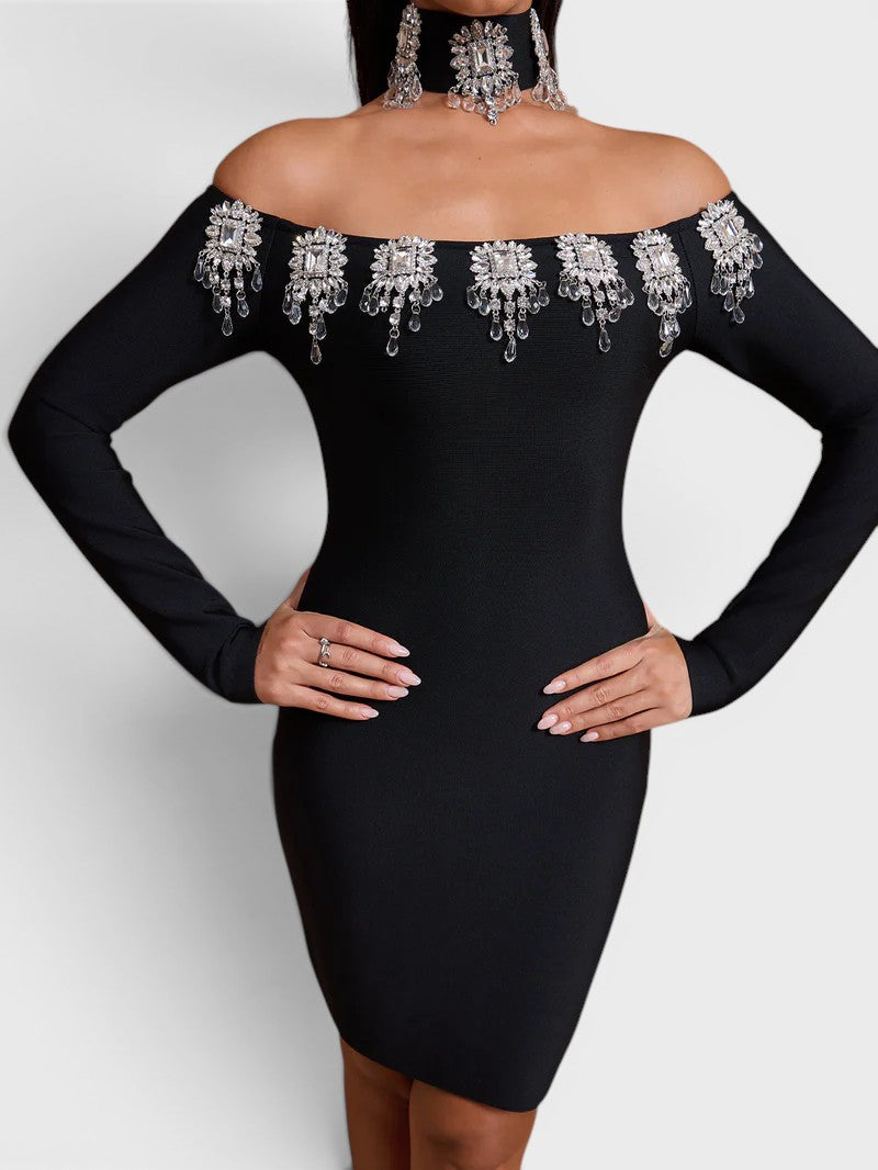 Marlowe Long Sleeve Crystal Bandage Choker Mini Dress Mara Blak Marlowe Long Sleeve Crystal Bandage Choker Mini Dress Mara Blak