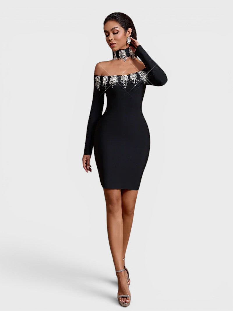 Marlowe Long Sleeve Crystal Bandage Choker Mini Dress Mara Blak Marlowe Long Sleeve Crystal Bandage Choker Mini Dress Mara Blak