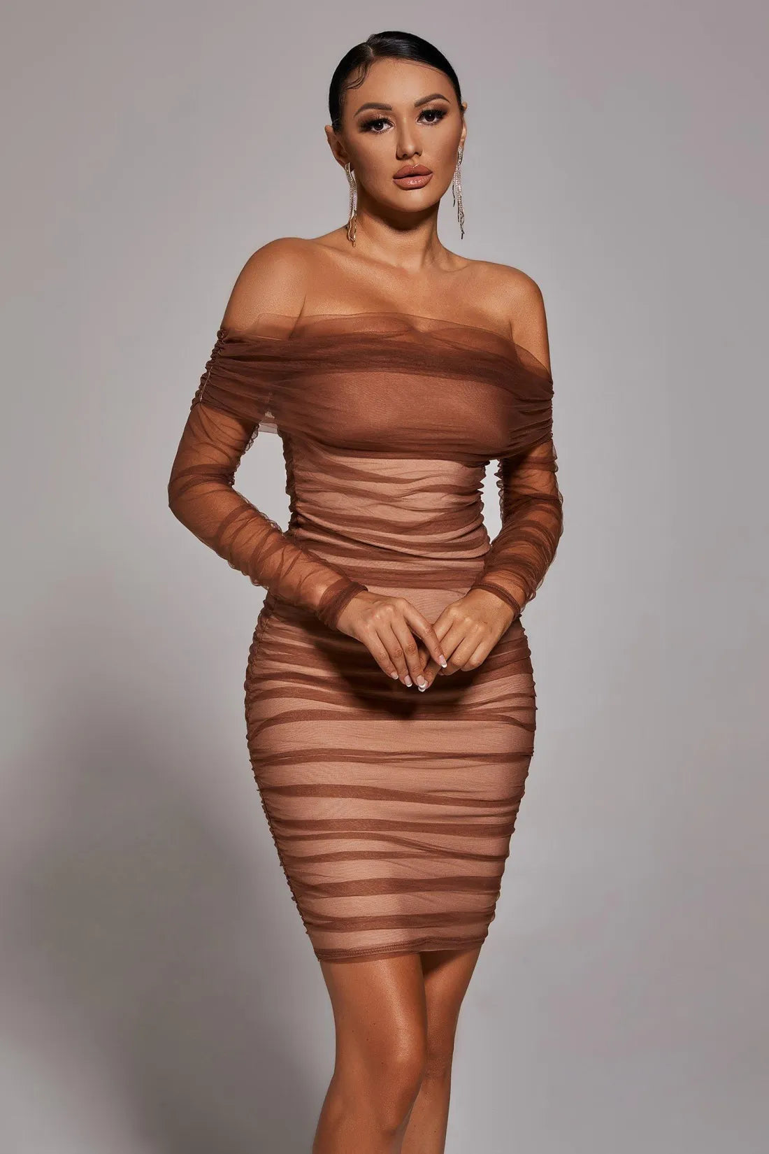 Micaela Off The Shoulder Ruched Mesh Mini Dress Mara Blak Micaela Off The Shoulder Ruched Mesh Mini Dress Mara Blak