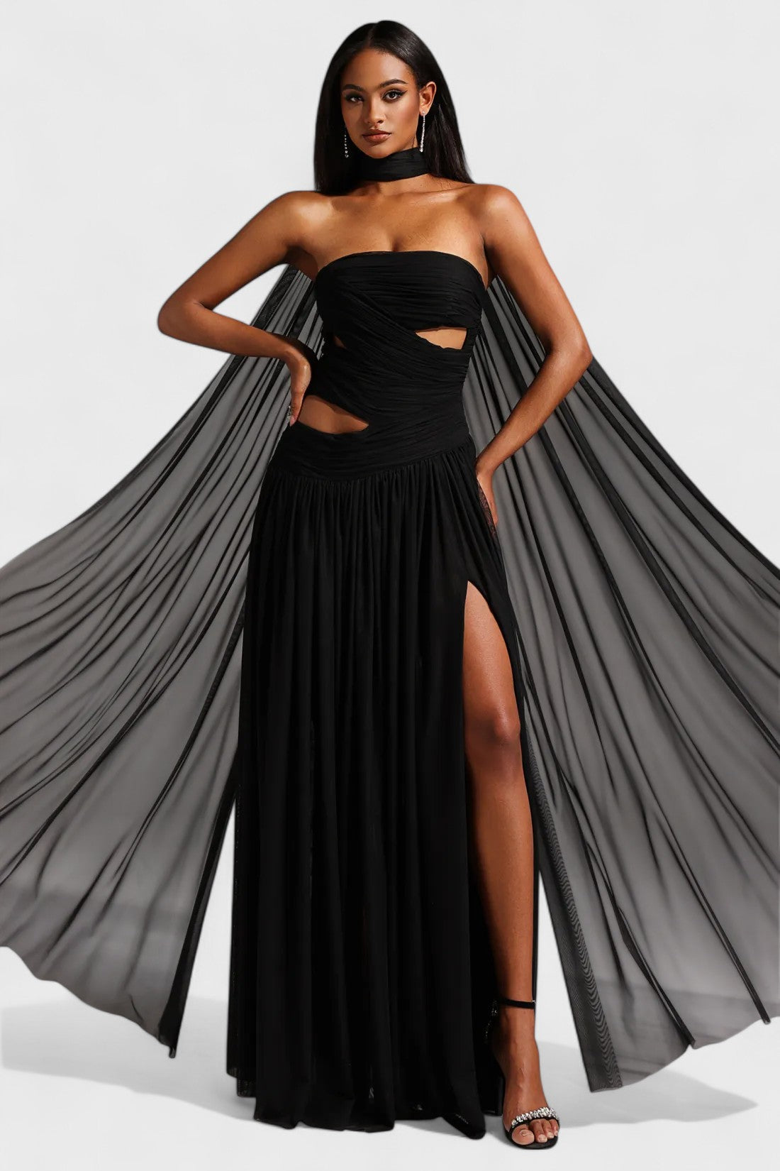 Nyra Draped Cut-Out Maxi Mesh Dress Mara Blak Nyra Draped Cut-Out Maxi Mesh Dress Mara Blak