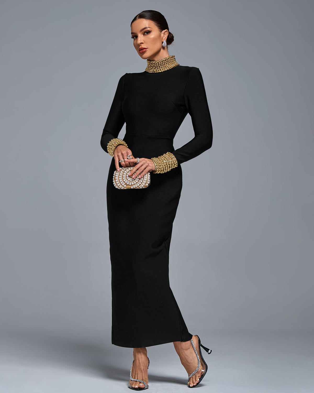 Long Sleeve Gold Bead Bandage Maxi Dress Mara Blak Long Sleeve Gold Bead Bandage Maxi Dress Mara Blak