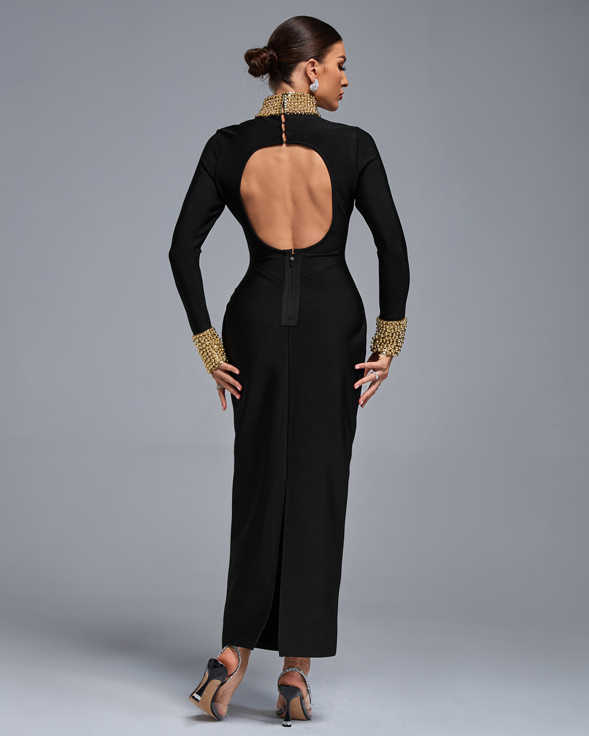 Long Sleeve Gold Bead Bandage Maxi Dress Mara Blak Long Sleeve Gold Bead Bandage Maxi Dress Mara Blak