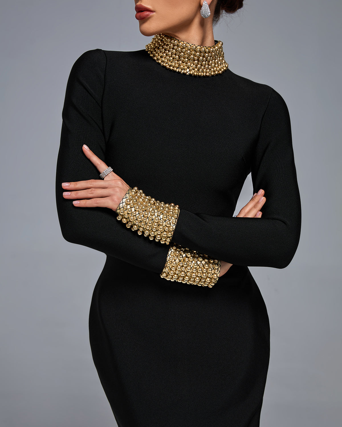 Long Sleeve Gold Bead Bandage Maxi Dress Mara Blak Long Sleeve Gold Bead Bandage Maxi Dress Mara Blak