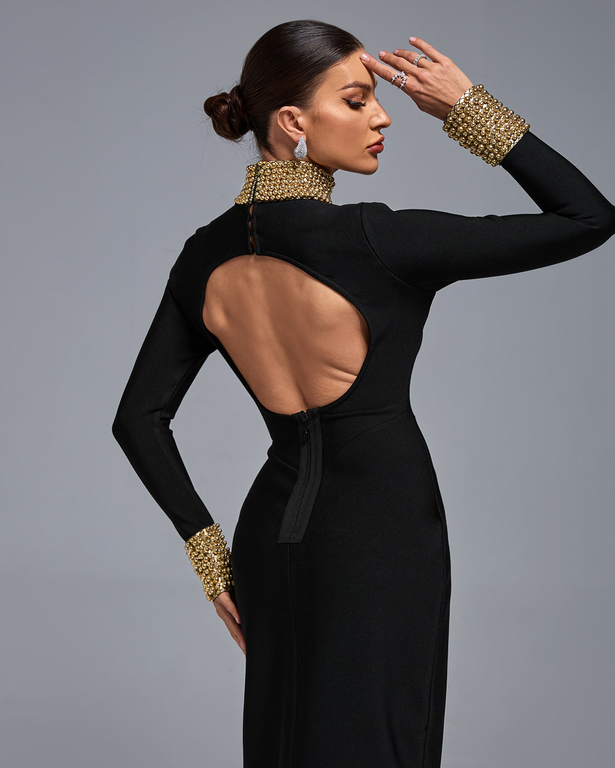 Long Sleeve Gold Bead Bandage Maxi Dress – Mara Blak