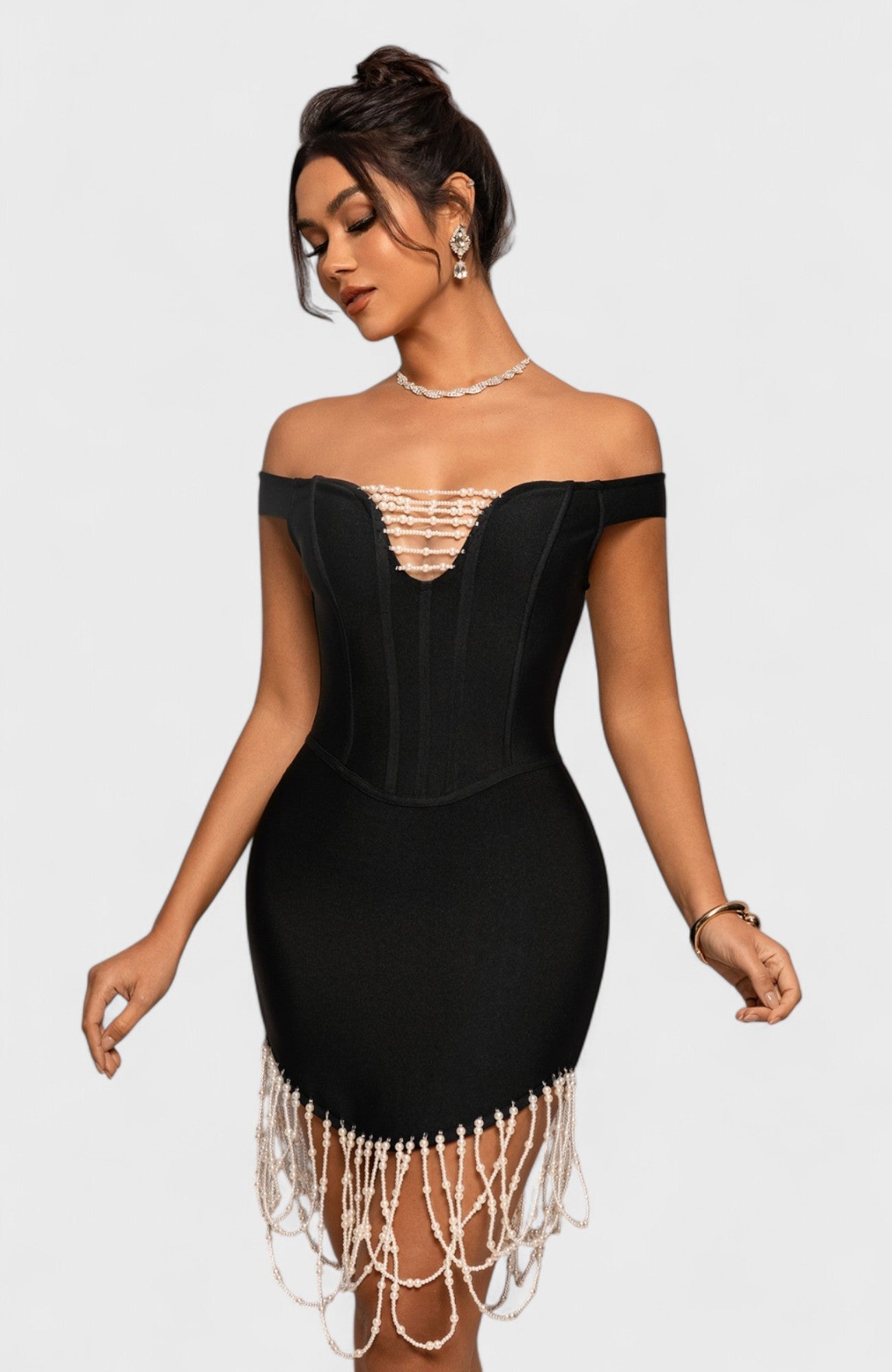 Pearl Drape Off-Shoulder Bandage Mini Dress Mara Blak Pearl Drape Off-Shoulder Bandage Mini Dress Mara Blak