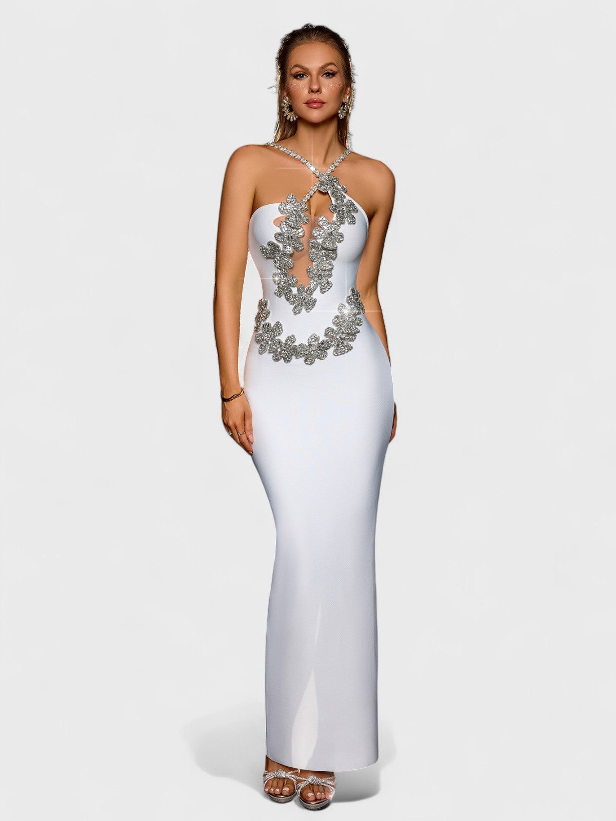 Raquel White Silver Embellished Cut-Out Maxi Dress