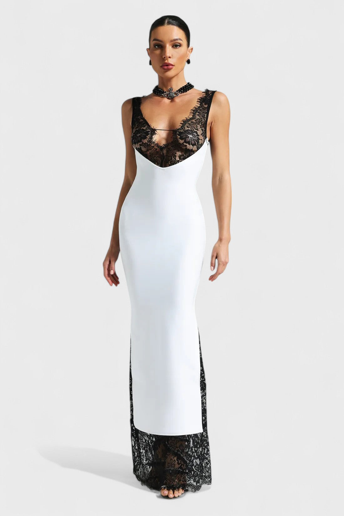 Sleeveless White, Black, Lace Maxi Dress - Main Image