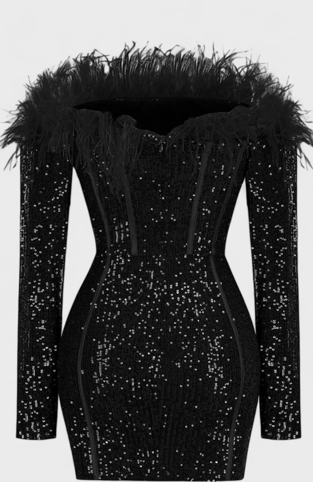 Soraya Long Sleeve Feather Sequin Mini Black Dress Mara Blak Soraya Long Sleeve Feather Sequin Mini Black Dress Mara Blak