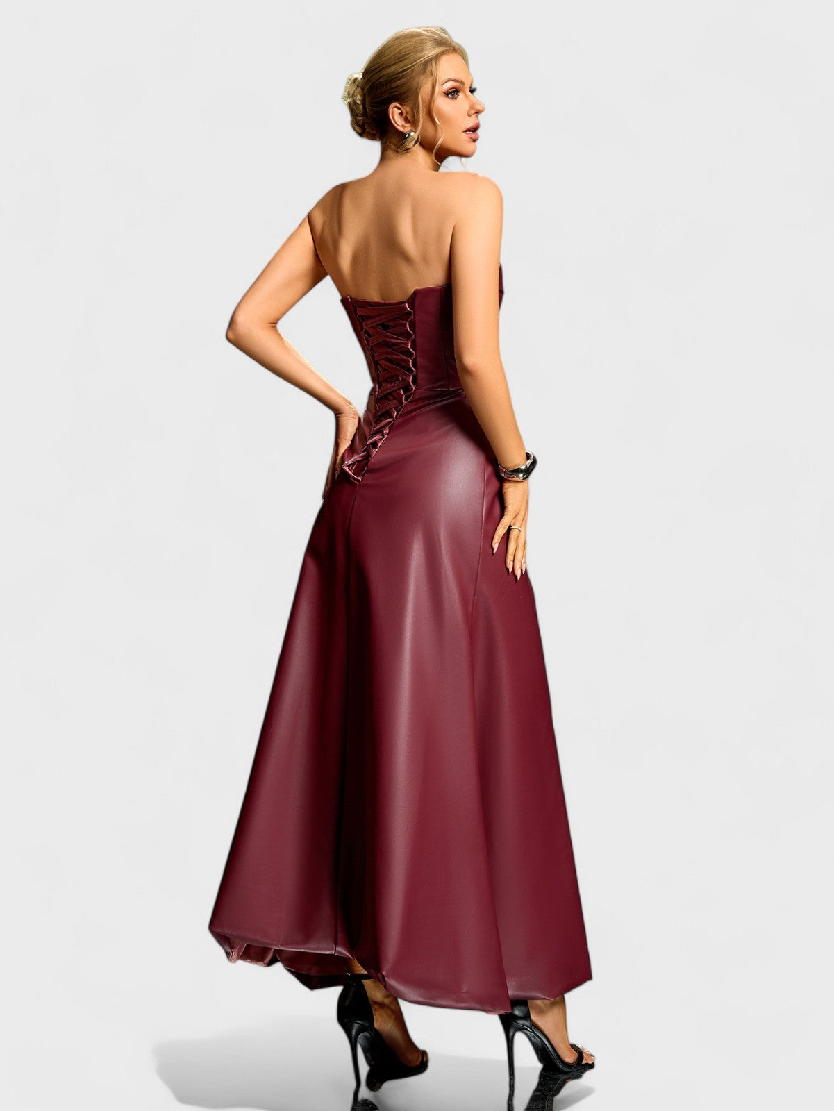 Strapless Sweetheart Faux Leather Maxi Dress Mara Blak Strapless Sweetheart Faux Leather Maxi Dress Mara Blak