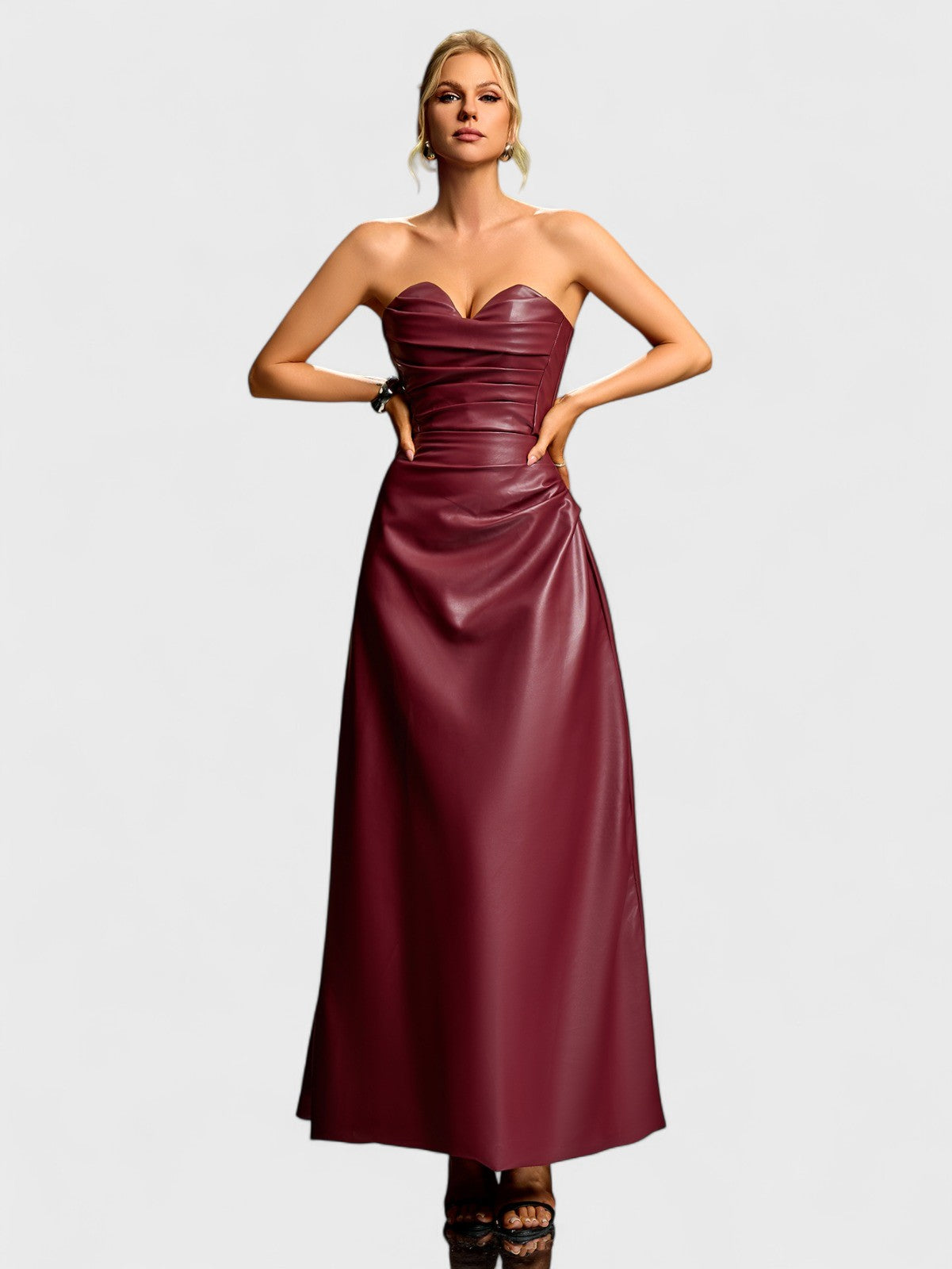 Strapless Sweetheart Faux Leather Maxi Dress Mara Blak Strapless Sweetheart Faux Leather Maxi Dress Mara Blak