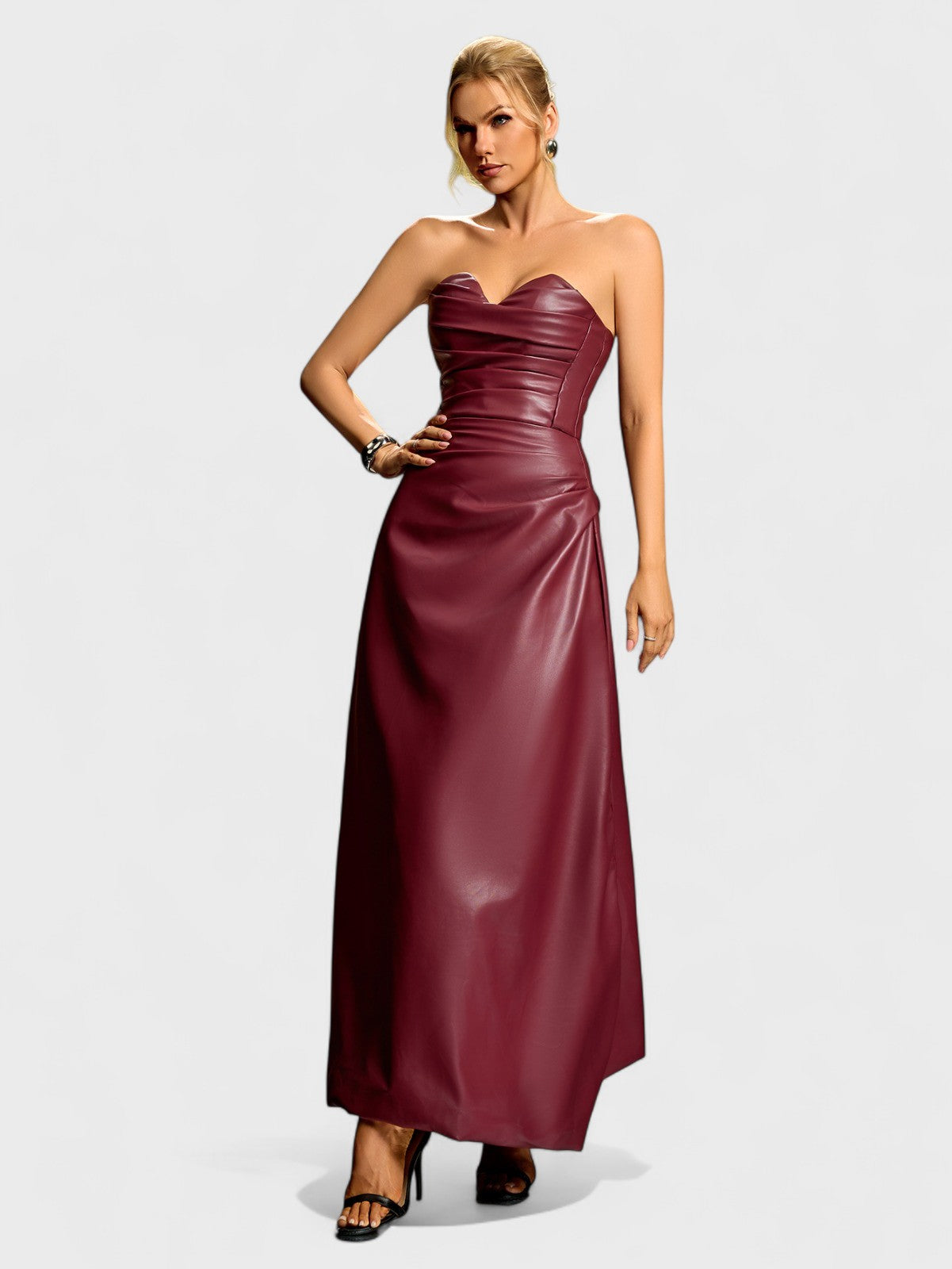 Strapless Sweetheart Faux Leather Maxi Dress Mara Blak Strapless Sweetheart Faux Leather Maxi Dress Mara Blak