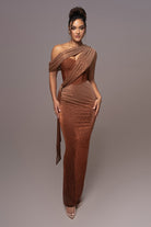 Drape One Shoulder Brown Maxi