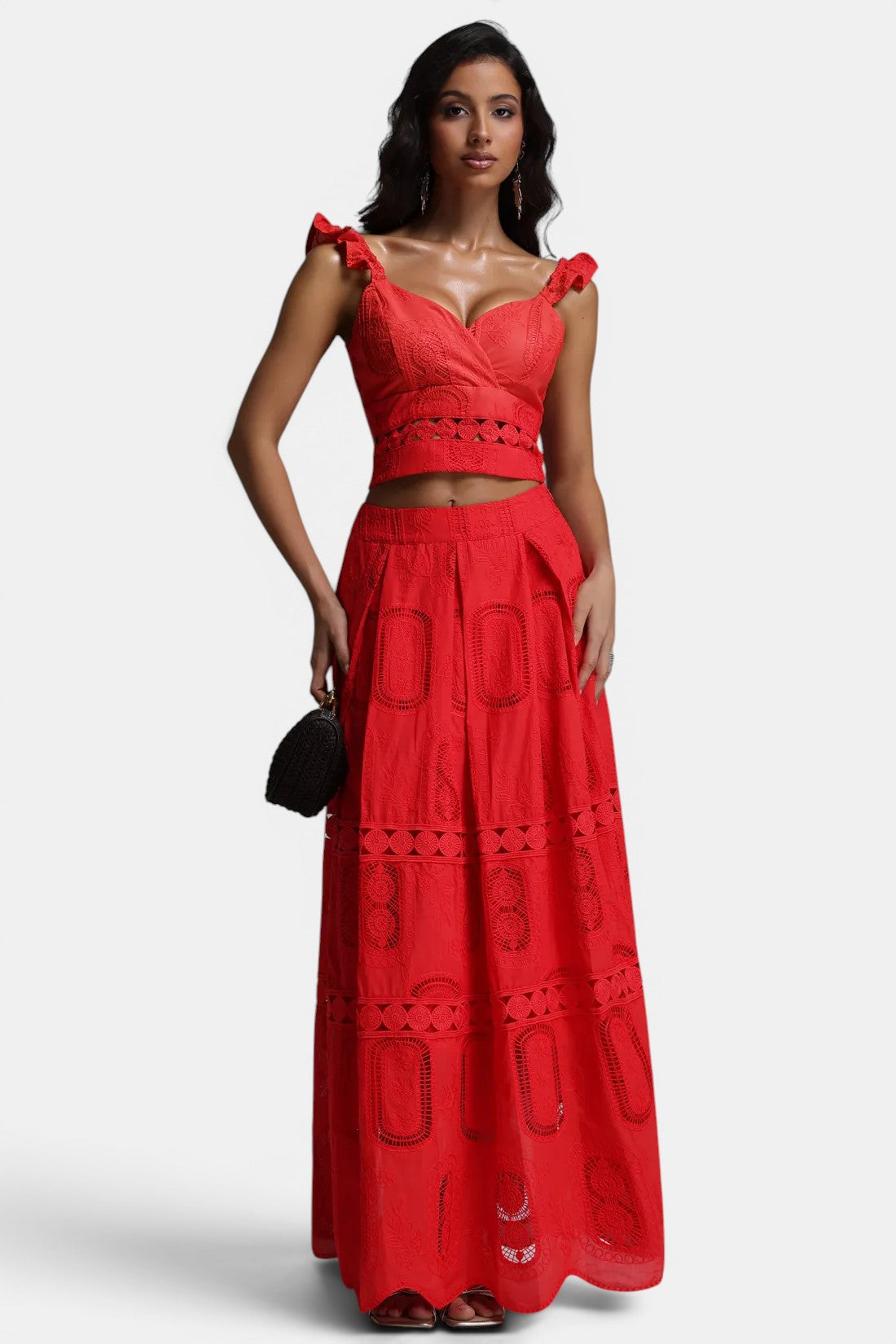 Zendaya Sleeveless Lace Crop Top & Maxi Ruffle Skirt Set Mara Blak Zendaya Sleeveless Lace Crop Top & Maxi Ruffle Skirt Set Mara Blak