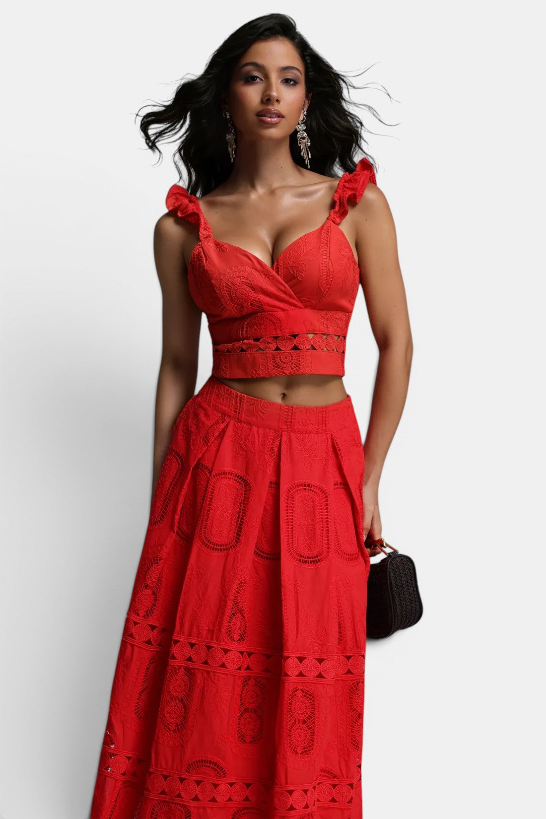Zendaya Sleeveless Lace Crop Top & Maxi Ruffle Skirt Set Mara Blak Zendaya Sleeveless Lace Crop Top & Maxi Ruffle Skirt Set Mara Blak