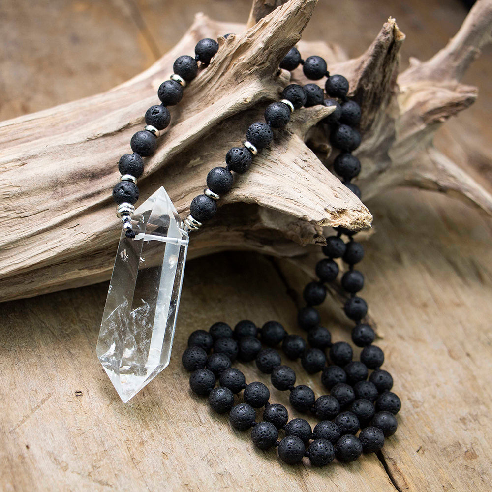 108 Mala Beads, Quartz Points, Black Lava Necklace Abdu – Mara Blak
