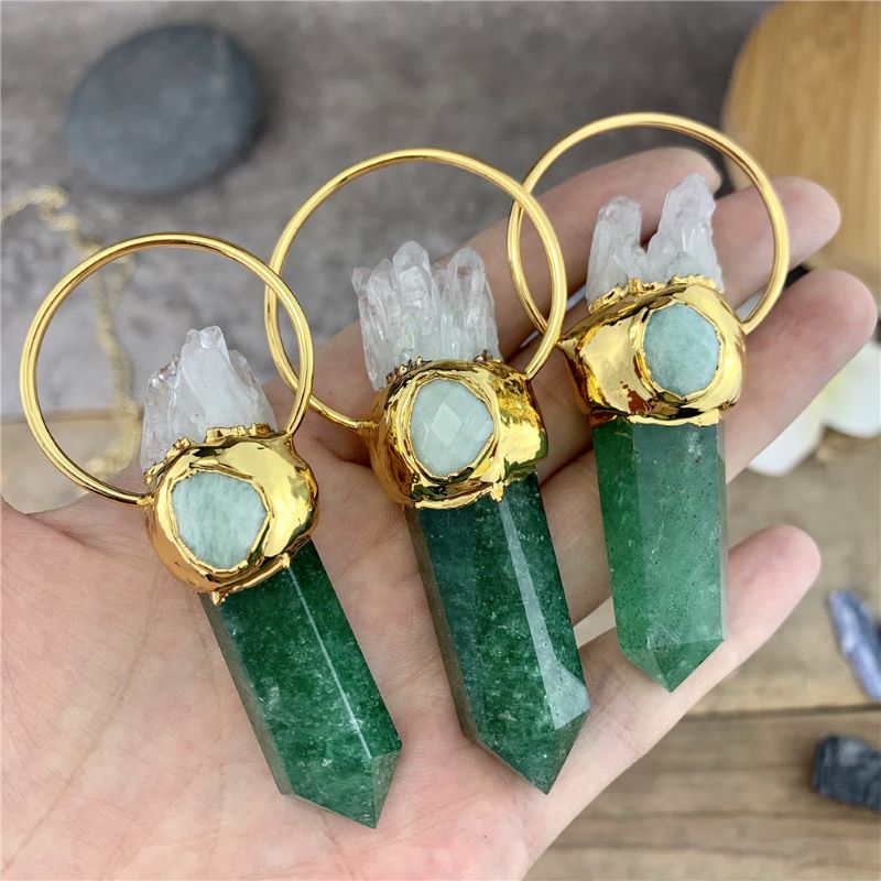 18k Gold Plated, Crystal Quartz, Aventurine Pendant Necklace