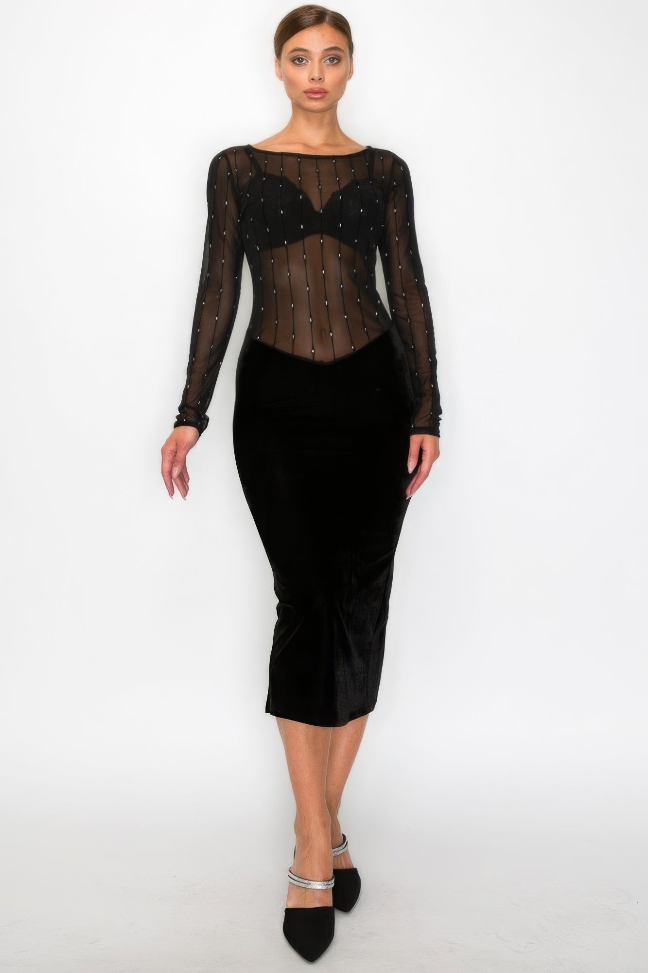Velvet Sheer Contrast Holiday Midi Dress Mara Blak Velvet Sheer Contrast Holiday Midi Dress Mara Blak