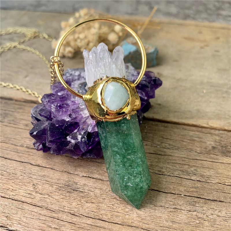 18k Gold Plated, Crystal Quartz, Aventurine Pendant Necklace